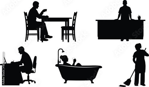 Black Silhouette Vector Collection of People Engaged in Daily Life Activities, Including Working at a Desk, Eating, Bathing, Cleaning, and Customer Service, for Pictogram Use