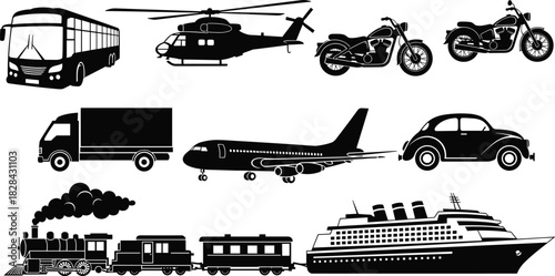 Black Silhouette Vector Collection of Transportation Modes, Including Bus, Helicopter, Motorcycle, Airplane, Truck, Vintage Car, Train, and Cruise Ship, for Travel and Logistics Icons