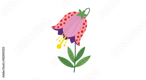A stylized illustration of a bell-shaped pink flower with red polka dots and green leaves.
