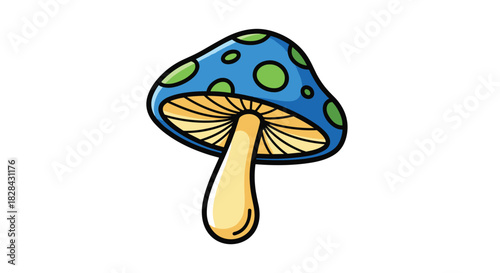 Cartoon illustration of a blue mushroom with green spots and a yellow stem isolated on white background, a fun and whimsical design.