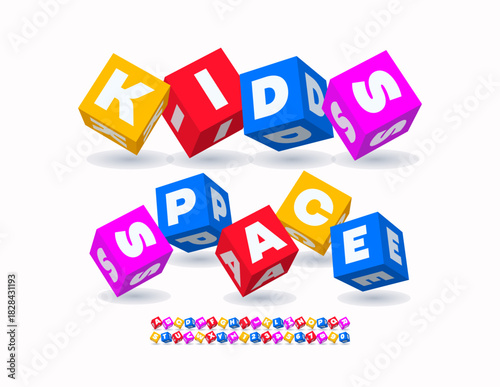 Vector Playful poster Kids Space. Children 3D cube Font. Colorful blocks Alphabet Letters and Numbers set