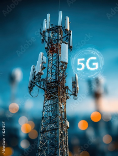 Mobile Communication Tower Transmitting 5G Signals for Advanced Telecommunication Technology in a Vibrant Urban Setting