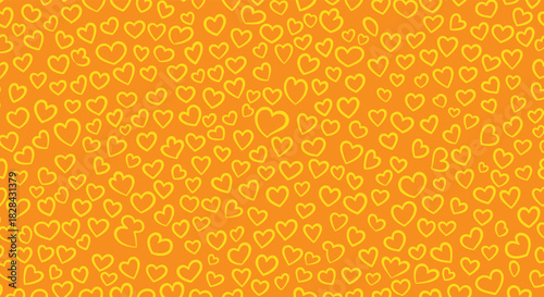 A vibrant orange background filled with many small, hand-drawn yellow hearts of various sizes.