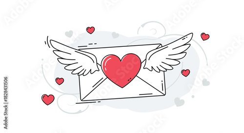 A heart with wings on an envelope with hearts around it.
