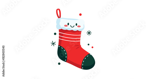 Adorable cartoon Christmas stocking with a cheerful face, featuring red, white, and green colors, and playful festive accents.