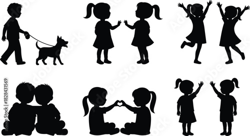 Black silhouette vector illustration of diverse happy children playing and interacting, showcasing friendship, joy, and childhood activities for design assets,