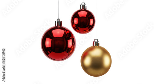 Three Christmas baubles PNG isolated, red and gold ornaments hanging on transparent background, festive decorations for holiday season
