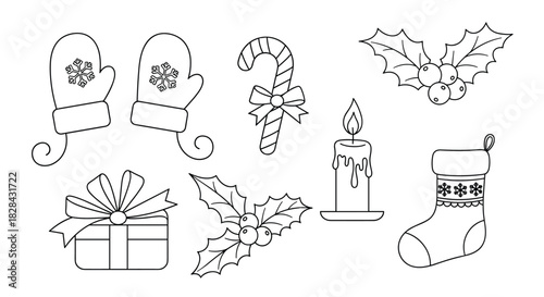 A festive coloring page featuring holiday themes like Christmas mittens, a candy cane, holly, a candle, a wrapped gift, and a Christmas stocking.