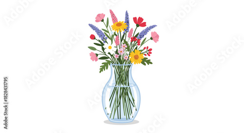 A vibrant and diverse bouquet of colorful wildflowers and green foliage beautifully arranged in a clear glass vase, conveying natural beauty.