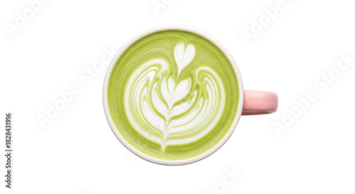 Matcha latte art in pink cup isolated PNG, green tea latte with heart design on transparent background, healthy drink for cafe menu