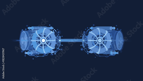 Two futuristic blue fans connected by a beam against a dark blue background in a digital illustration