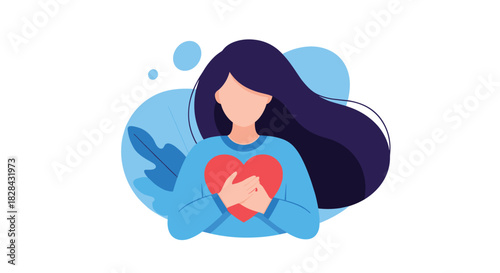 A woman with long hair wearing a blue sweater is embracing a red heart, set against a background of blue abstract shapes and a leaf illustration.