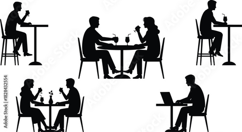 Black Silhouette Vector Set of People Sitting at Tables, Enjoying Drinks, Dining, Socializing on Dates, and Working on a Laptop, Representing Cafe and Restaurant Scenes