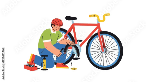 Man repairing a bicycle tire with a pump, tools, and wearing safety gear