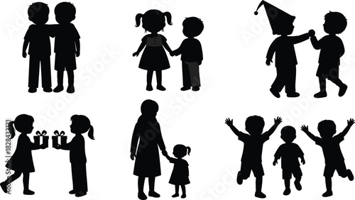 Black silhouettes of happy children playing, celebrating a birthday, holding hands, giving gifts, and having fun, symbolizing friendship, family, and childhood joy on white background.