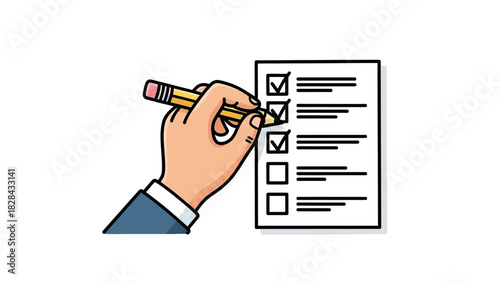 Vector graphic of a hand holding a pencil, completing a checklist with checkmarks, symbolizing task achievement, progress, and effective planning