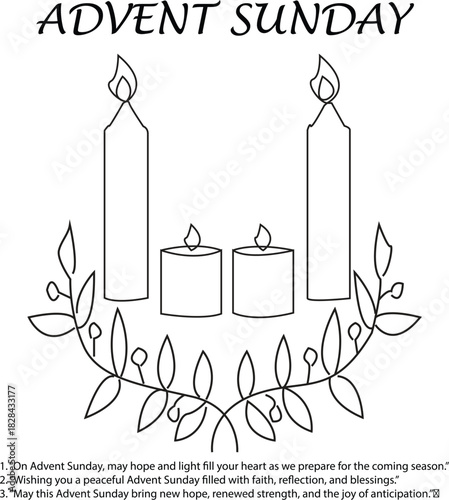 Black and white vector illustration of Advent Sunday with five lit candles, wreath, and inspirational quotes