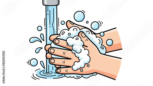 Vibrant cartoon illustration of hands actively scrubbing with soap lather under running water from a tap, promoting essential hygiene practices