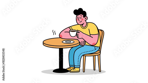 A cartoon character illustration of a young man enjoying a coffee break at a cafe table with a hot beverage