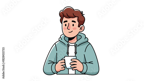 Young Man Enjoying a Hot Beverage in a Cozy Environment A Vector Illustration