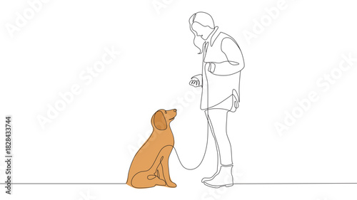 Walking with Dog Continuous Line Drawing. Woman and Dog Black Lines Drawing on White Background. 