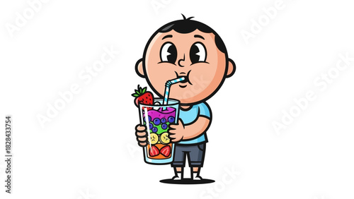 Cute Cartoon Boy Enjoying a Refreshing and Healthy Fruit Smoothie with a Straw, Vibrant and Colorful Beverage Illustration