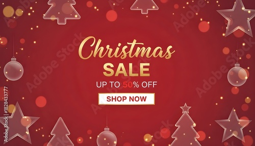 Christmas Sale Banner with Festive Red Background and Holiday Decorations – Shopping Promotion