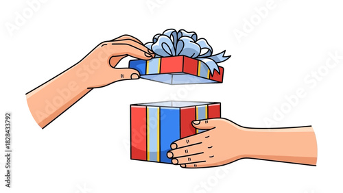 Hands opening a gift box with a blue ribbon on a white background, celebrating a special occasion