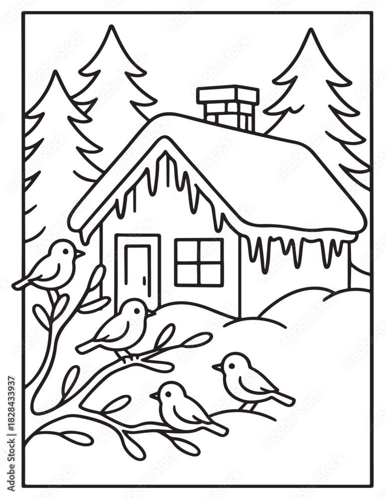 Naklejka premium Cozy winter scene outline with house, snow, evergreen trees, and small birds