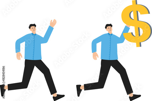 concept of financial fraud and illegal investment scam or ponzi scheme stealing money from greedy man, businessman investor running to catch money US dollar sign with hidden phishing bait.
