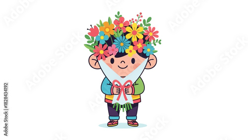 Adorable cartoon boy character hiding behind a huge vibrant bouquet of flowers, a charming surprise gift