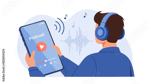 Person wearing headphones listening to a podcast on their mobile device with audio waves