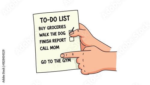 A hand points to a TO-DO LIST with tasks like buying groceries, walking the dog, and going to the gym