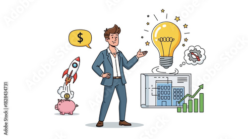 Business professional with a bright idea and supporting financial and growth concepts illustration