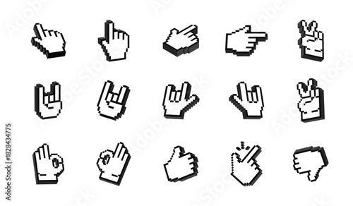 Pixel Art Hand Gestures 3D Icon emoji emoticon Sticker vector set