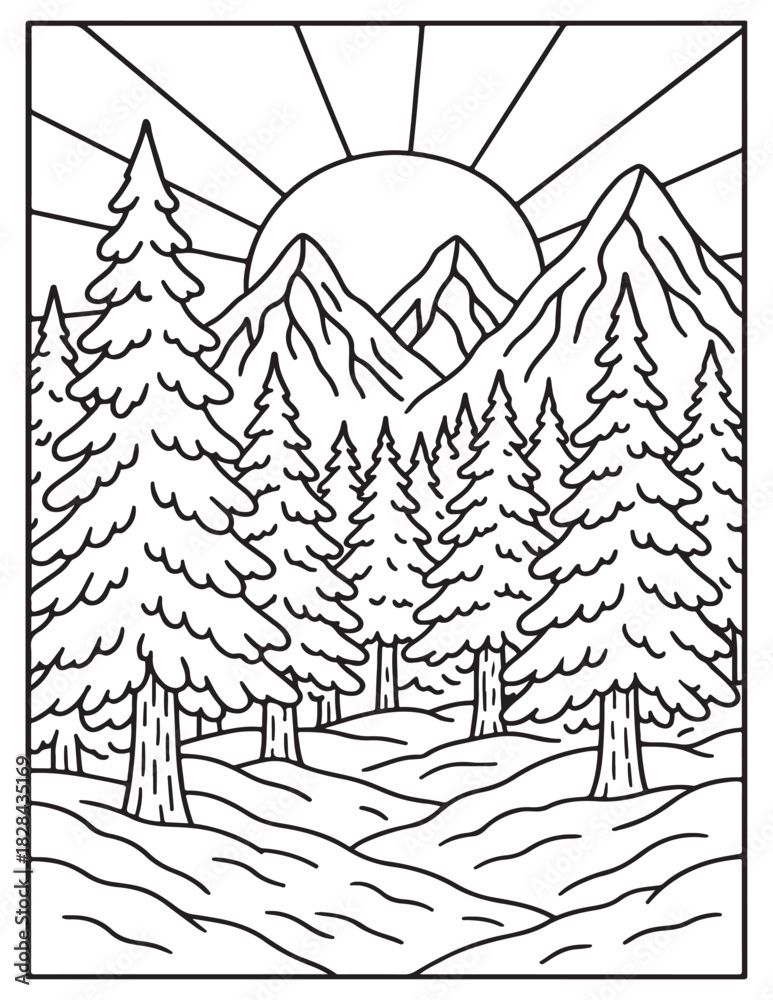 Fototapeta premium Stylized outline drawing of a mountain landscape with pine trees and rising sun