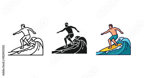 Three distinct illustrations of a surfer riding a wave, presented in outline, solid silhouette and vibrant cartoon styles