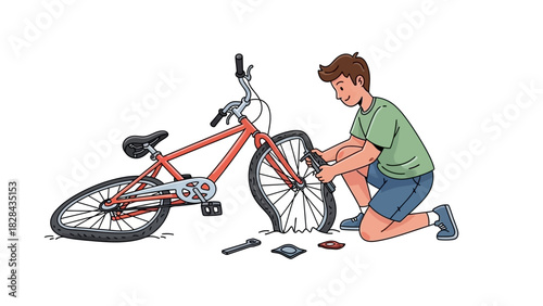 Boy Repairs Bicycle Flat Tire Cycling Problems and DIY Solutions