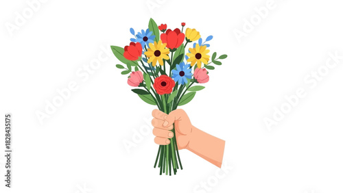 A person's hand holding a beautiful bouquet of colorful mixed flowers in a vector illustration
