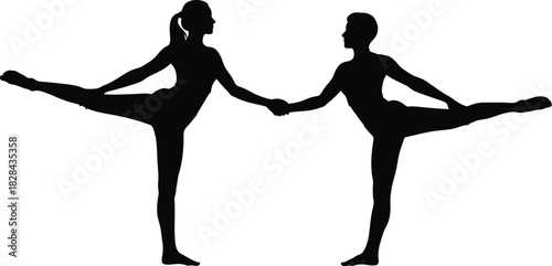 Silhouette of a couple holding hands in a synchronized balance pose