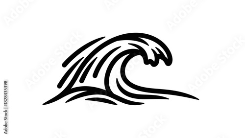 A stylized black and white illustration depicting a cresting ocean wave, showing movement.