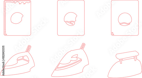Red Outlined Illustrations of Books with Bite Marks and Different Styles of Irons on a White Background