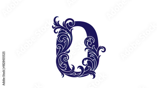 A decorative initial D in dark blue, featuring elaborate acanthus leaf scrolls and vintage filigree ornamentation.