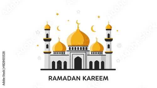 A Ramadan Kareem greeting illustration of a majestic mosque with golden domes and minarets, set against a white background with crescent moons and stars.