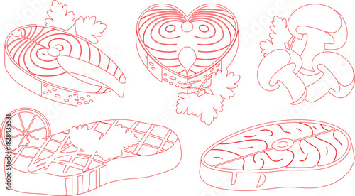 Red Outlined Illustration of Salmon Steak, HeartShaped Fish, Grilled Beef, and Mushrooms