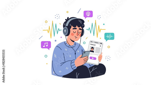Young man wearing headphones listens to music or a podcast on his smartphone, relaxing with digital audio entertainment