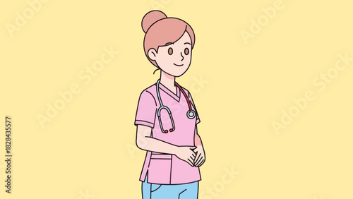 Smiling female healthcare worker in pink scrubs with a stethoscope, standing in an illustration.