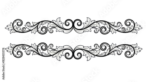 Two symmetrical, ornate, black and white floral border designs, featuring intricate scrollwork.