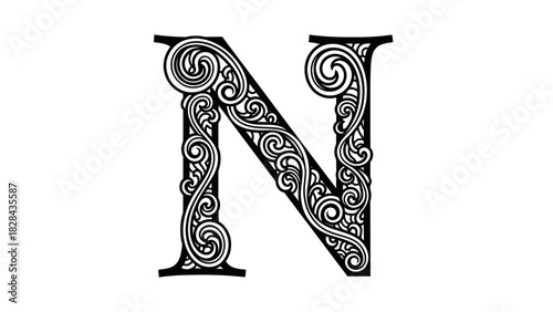 Intricate black and white letter "N" design, filled with ornate swirling patterns.
