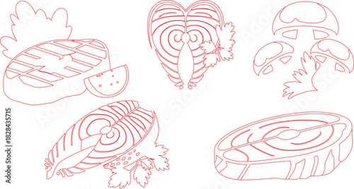 Red Outlines Grilled Steak, Salmon Steaks, and Mushrooms with Parsley Outlines